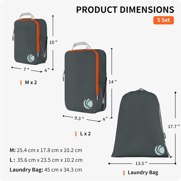 Набір компресійних органайзерів для одягу Cipway для подорожей, вакуумні пакувальні куби для валізи та рюкзака, сірий, 5 шт.