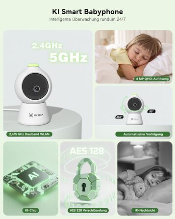 Відеоняня COCOCAM 2K 4MP з камерою та монітором 5 дюймів, Wi-Fi 2.4/5GHz, ШІ-розпізнавання, датчик перекриття обличчя та сну на животі, автотрекінг, ІК нічний зір