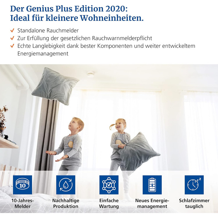 Датчик диму Hekatron Genius Plus з батареєю на 10 років – Тест-переможець Stiftung Warentest – Зроблено в Німеччині – з клейкою підкладкою – з підтримкою додатку – 1 шт.