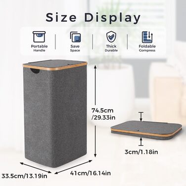 Кошик для білизни Rieeyrslza з кришкою, 158 л, бамбук, 2 мішки, Oxford, складний, сортувальник, для ковдр та одягу (сірий)