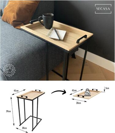 Журнальний столик SECASA зі знімним лотком Журнальний столик металевий - дерево Приставний столик С-подібна форма для дивана Столик для підносів чорний вінтаж Журнальний столик Модерн Диванний стіл для вітальні (натуральний)