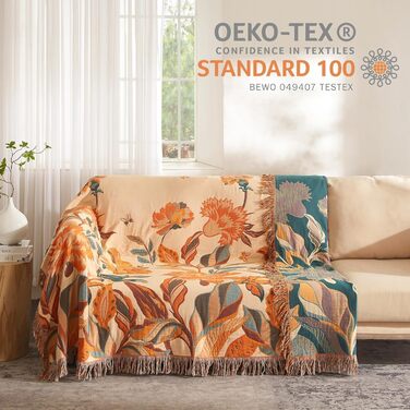 Богемна ковдра Softexly Boho Decke: 100% бавовна, двостороння муслінова ковдра 150x200 см, м'яка ковдра для дивану та ліжка, естетичний дизайн, ідеально для вітальні та спальні, помаранчево-зелена (130 x 150 см)