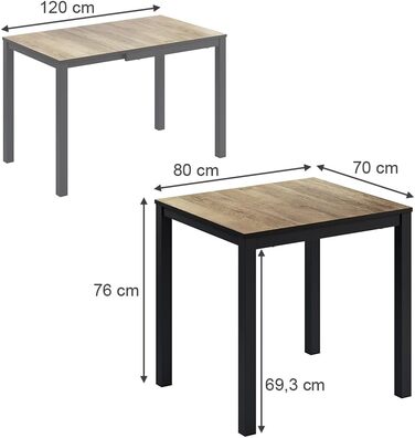 Розсувний обідній стіл Vicco Granny, 120x70 см, дуб/антрацит, 80-120x76x70 см