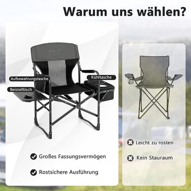Кемпінгове крісло COSTWAY з приставним столиком, сумка-холодильник і сумка для зберігання, складне рибальське крісло, вантажопідйомність 180 кг, режисерське крісло портативне, складаний стілець Складаний стілець для кемпінгу, риболовлі, пікніка чорний