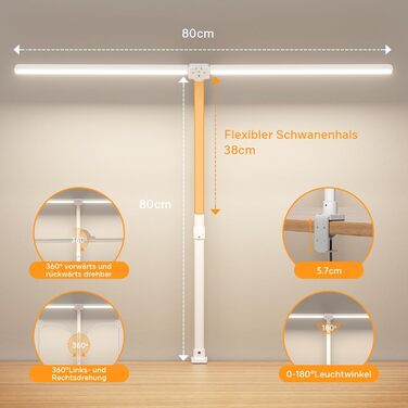 LED настільна лампа Doppelkopf з регулюванням яскравості, 24W, 80см, з клемою, денне світло, гнушкий шийка, для офісу, захист очей, з тримачем для телефону, чорна