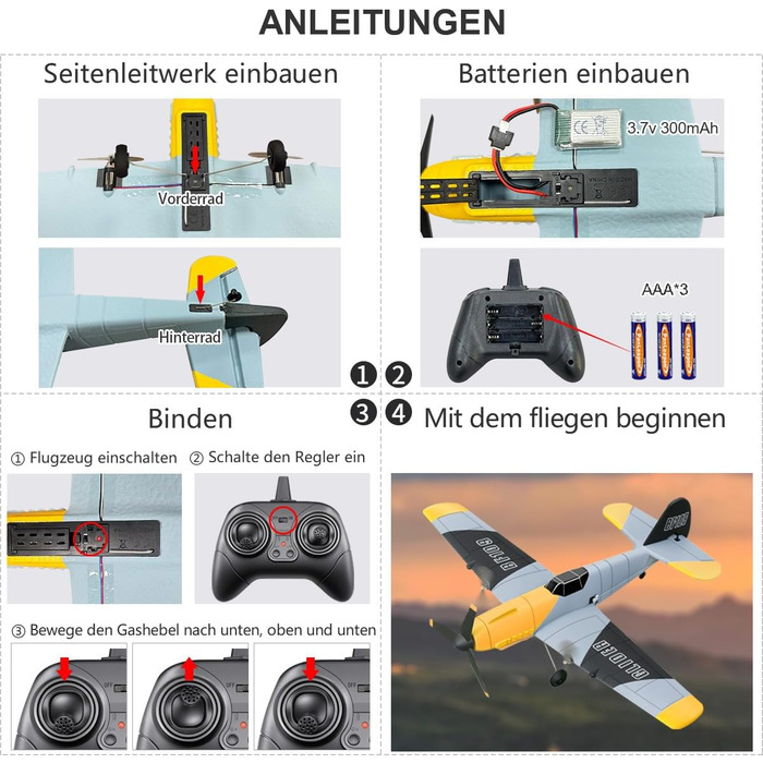 Літак на радіокеруванні HAWK'S WORK P-51D Mustang 2.4GHz, 6-осьовий гіростабілізатор, готовий до польоту, для дітей та початківців (сірий)