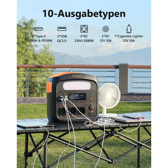 Портативна електростанція 1500W (3000W пікова), 1102.5Wh, акумулятор LiMnFePO4, зарядка 0-100% за 85 хв, USB-C 100W, DC-вихід, 230V AC розетки, сонячна зарядка MPPT 400W, для кемпінгу та відпочинку на природі