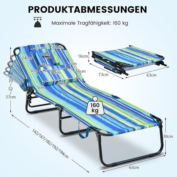 Лежак для відпочинку COSTWAY з отвором для обличчя, розкладний садовий лежак з 3 знімними подушками та 5-рівневим регулюванням спинки, лежак для пляжу, саду та басейну (Блакитно-зелений, 1 шт.)
