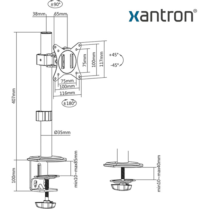 Кріплення для монітора Xantron® ECO-E62: 17-32 дюйми, VESA 75x75/100x100, для плоских та вигнутих моніторів, з монтажним комплектом