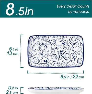 Набір тарілок Vancasso Selene 6 шт, прямокутні порцелянові тарілки для закусок, суші, десертів, фруктів, овочів 22x13 см