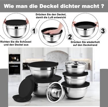 Набір мисок Onader з нержавіючої сталі: 5 мисок + 3 терки. Набір мисок для салатів з кришками, 5 шт. (0,7-4 л), чорний