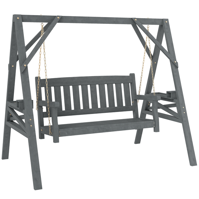 Двомісна садова гойдалка, дерев'яна лавка-гойдалка з полицями, тримачами для напоїв та металевими ланцюгами, сірого кольору