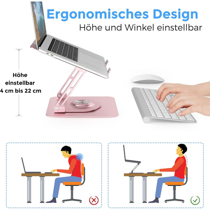 Підставка для ноутбука з регулюванням висоти, обертається на 360°, алюмінієва, рожева