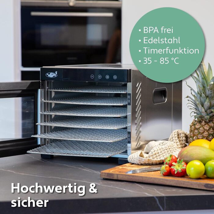 Дегідратор Vita 5 з 6 решітками для сушіння фруктів, овочів та м'яса. Поверхня сушіння 0,7 м², регулювання температури 35-75°C, таймер 24 год, LED дисплей, 650W