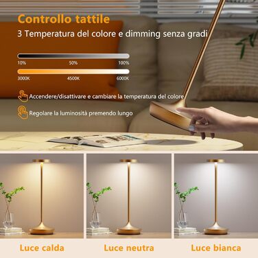 LED настільна лампа бездротова з димуванням, 3 кольори, 6000 mAh, IP54, для дому та кемпінгу (Титан)