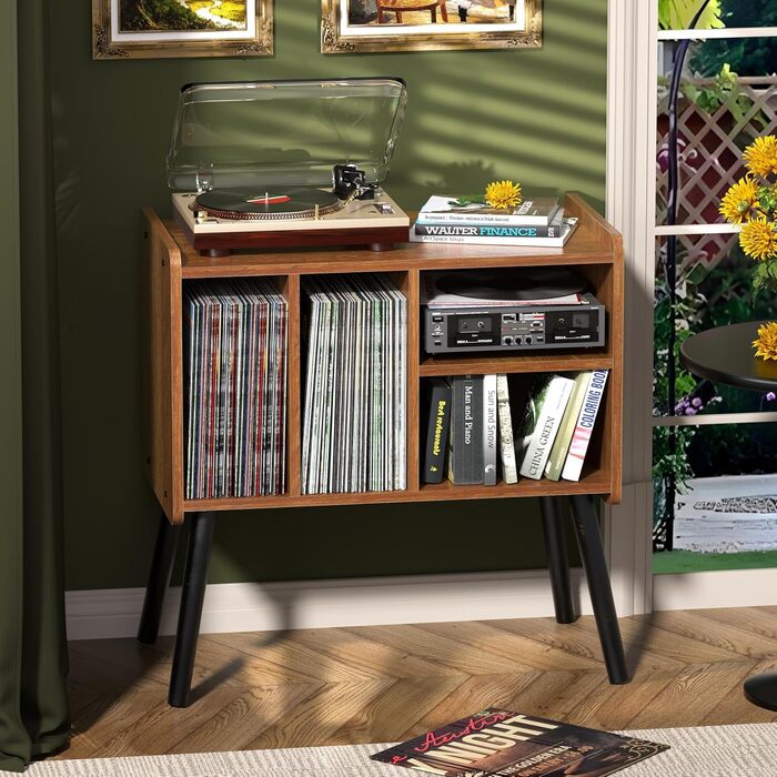 Стіл для програвача, стійка для програвача в стилі середини століття з місцем для зберігання вінілу (до 150+ платівок), шафа для вінілових платівок з регульованими полицями, дуб