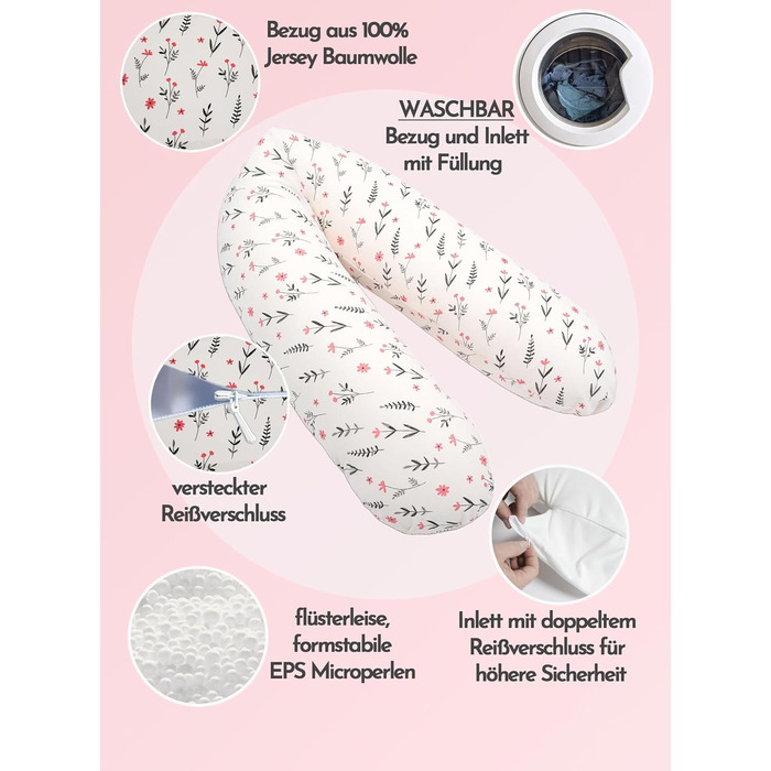 Подушка для вагітних Bear Classic 190 см, бавовняна подушка для сну та підтримки тіла, гіпоалергенна, колір Flower Pink