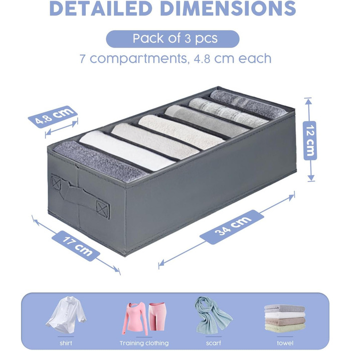 Органайзер для гардеробу Kiximay 6 шт. , складні тканинні коробки для футболок, нижньої білизни, шкарпеток (3 шт. 34*17*12см, 7 відділень)