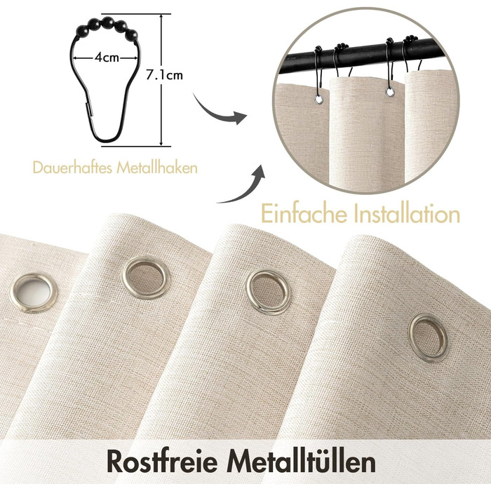 Шторка для душу MIULEE 120x200 см, льонова текстура, бежева, з чорною окантовкою, водонепроникна, антигрибкова, з 8 кільцями, для ванної кімнати