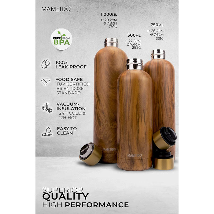 Пляшка для пиття MAMEIDO з нержавіючої сталі, 1 л, з дубового дерева, з золотим покриттям, герметичний термос, пляшка для води, що не містить бісфенолу А, ізольована пляшка, для пиття