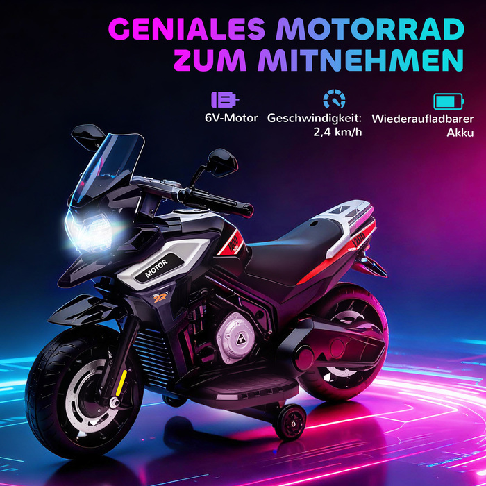 Електромотоцикл для дітей віком 18-36 місяців, каталка, з додатковими колесами, світлові ефекти, музика, пластиковий корпус, сталевий каркас, чорного кольору