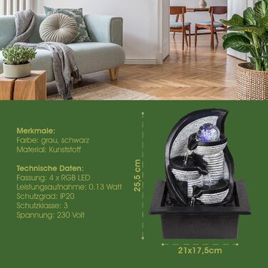 Настільний фонтан BMF-VERSAND® з RGB підсвічуванням та обертовою скляною кулею – декоративна лампа з RGB LED, кімнатний фонтан з підсвічуванням, сірий колір, куля, 4 ступені