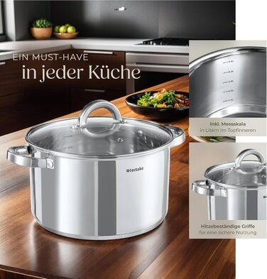 Набір каструль tectake® 15 предметів: каструлі, сковорідки з нержавіючої сталі з кришками, для плити (індукційна, газова, електрична), для кемпінгу та дому