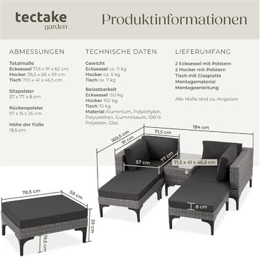 Тектейк® Садовий лаунж з ротангу, набір меблів для саду на 5 місць, модульний, з кутовим кріслом, пуфом, столиком, сірий, з подушками для сидіння та спинки