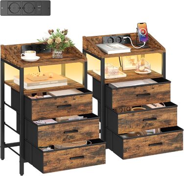 Приліжкові тумбочки Hzuaneri з LED-підсвічуванням та функцією зарядки, 2 шт. (Вінтаж коричнево-чорний), 3 висувні ящики з тканини, USB-порти та розетки для спальні/вітальні