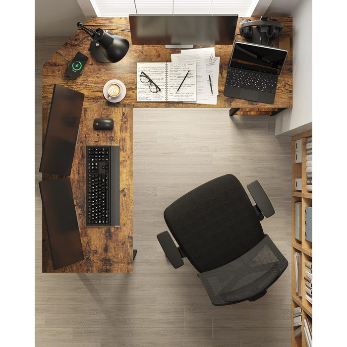 Письмовий стіл, L-подібний комп'ютерний стіл, 138 x 138 x 76 см, кутовий стіл з 2 полицями, компактний офісний стіл, ігровий, домашній офіс, легка збірка, вінтажний коричнево-чорний LWD72 шт. Сільський коричневий чорний