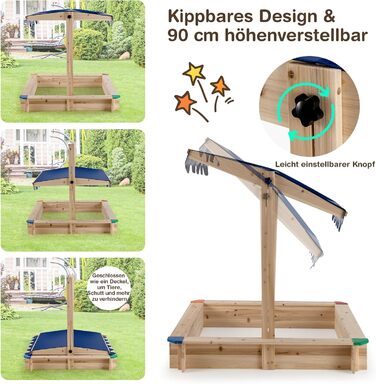 Дерев'яна пісочниця DREAMADE 121x121x120 см з регульованим дахом, для дитячого майданчика в саду, вдома, на пляжі