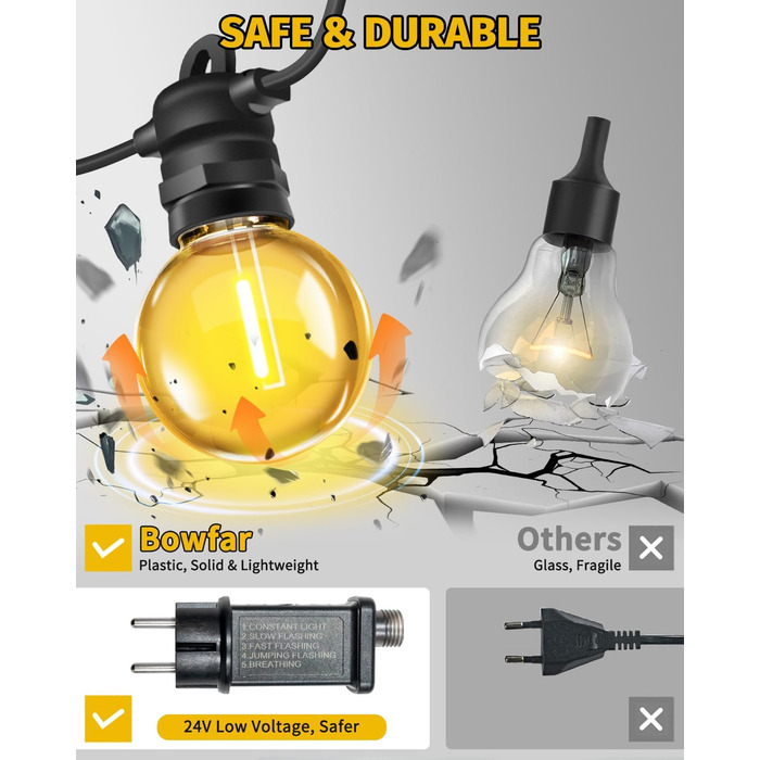 Ланцюжок прикрас для зовнішнього використання, 10м, G40 лампочки. Водостійкий (IP68), диммування, з пультом ДУ. Ідеально для балкона, павільйону, саду, тераси, вечірки, весілля.