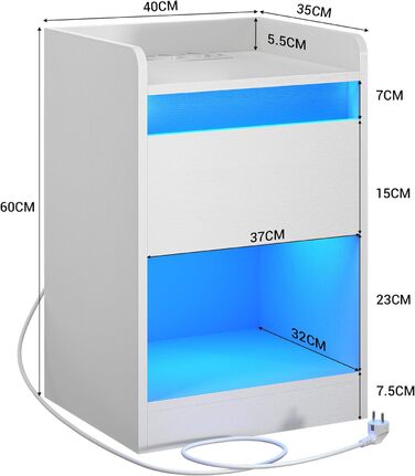 Тумбочка KIMENICH світлодіодна стрічка, функція зарядки, USB/USB-C, висувні ящики, білі, для спальні/вітальні