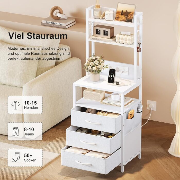 Нічний столик з підзарядкою та LED, бічний столик з 3 висувними ящиками з тканини, тумбочка з полицею для книг, відкрите відділення, 2 розетки AC, USB та Type C порти, для спальні, вітальні, офісу (40x30x60 см, Білий, 1)