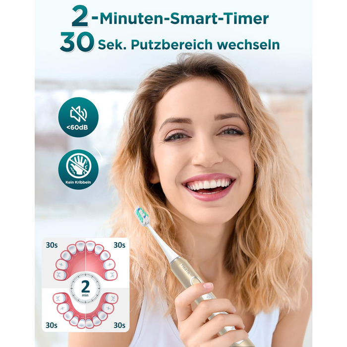 Електрична зубна щітка для дорослих і дітей - звукова, 8 насадок (3 типи), 90 днів роботи, 5 режимів, 50000VPM, кейс для подорожей, таймер (Золота)