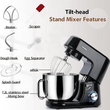 Потужна кухонна машина 1800W з великою чашею 7.2 л з нержавіючої сталі, міксер, насадки для тіста, збивання та взбивання