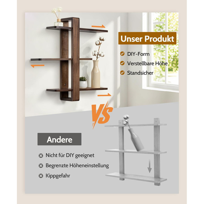 Полиця настінна SUMGAR з дерева, плаваючі полиці, 3-ярусна, декоративна, для вітальні, спальні, колір горіх, 50x58 см