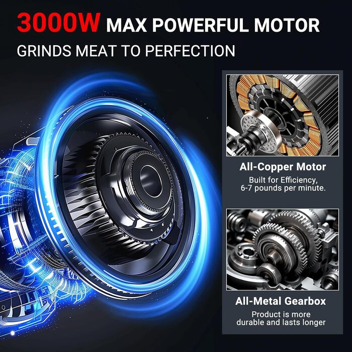 М'ясорубка електрична AAOBOSI #12 (3000 Вт, 3 швидкості) - професійна, з насадками для ковбас, кібе, бургера, 4 диски, 2 ножі, срібляста