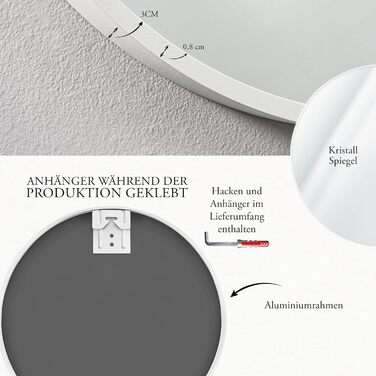 Круглий настінний дзеркало GOLD&CHROME: великий, 50x50 см, з гарантією 2 роки. Ідеально для ванної кімнати та макіяжу. Алюмінієвий, декоративний, великий дзеркало для ванної кімнати.