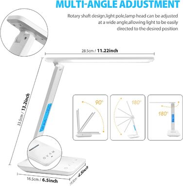 Світлодіодна настільна лампа з бездротовим зарядним пристроєм, USB, сенсорне керування, затемнення, таймер, білий