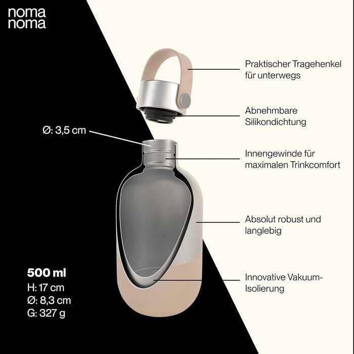 Пляшка для пиття noma noma ізольована пляшка з нержавіючої сталі 500 мл герметична пляшка-термос 500 мл, 750 мл і 1 л вакуумна пляшка для вуглекислого газу кліматично нейтральна та без бісфенолу А чай бежевий 500 мл чай бежевий