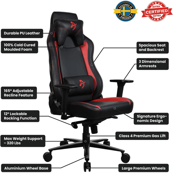 Ігровий та офісний крісло Arozzi Torretta Premium з SoftFabric™, 3D-підлокітники, висока спинка, регульована нахил, 2 подушки (Чорний/Червоний)