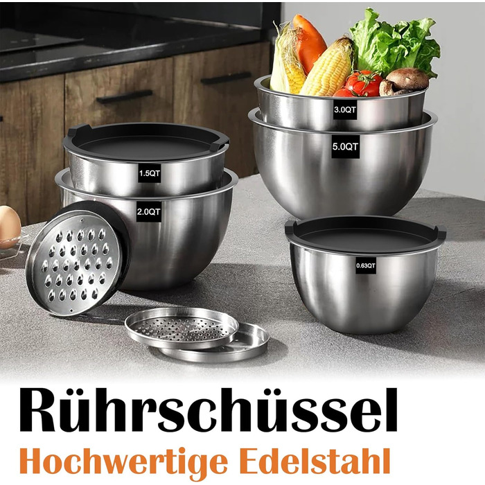 Набір мисок для кухні 5 шт. з нержавіючої сталі з кришками, 4.7л/2.8л/1.9л/1.4л/0.6л. Ідеально для приготування, випічки та зберігання. Складаються одна в одну, можна мити в посудомийній машині. В комплекті тертка.