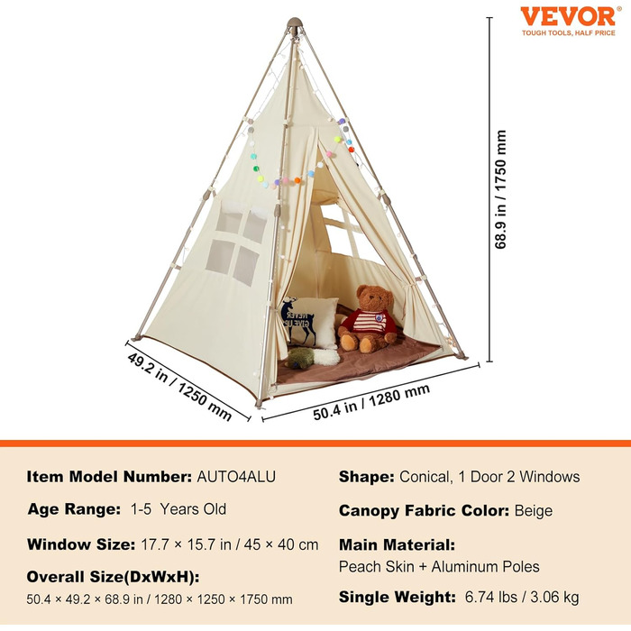 Дитячий намет VEVOR Tipi для дітей 1-5 років, розкладний намет з килимком та сумкою, з вікнами, для хлопчиків та дівчаток, бежевий