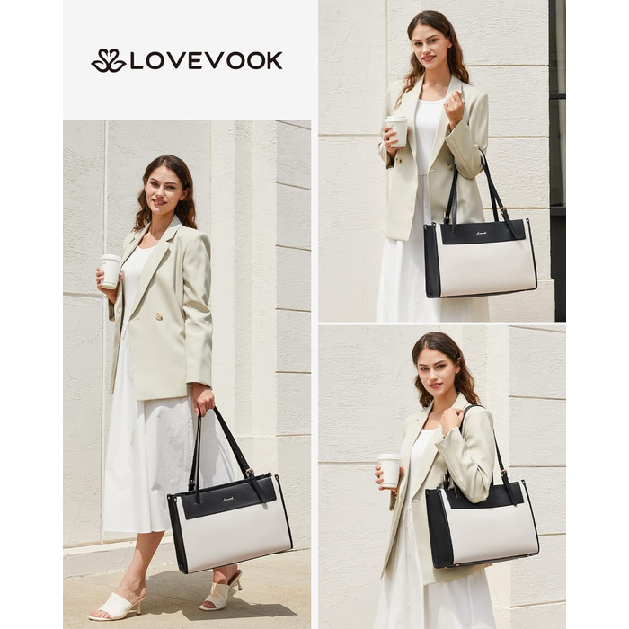 LOVEVOOK Сумка для ноутбука, жіноча велика водонепроникна сумка-шоппер з PU шкіри, для роботи, навчання, 15.6 дюймів (Чорний+бежевий)