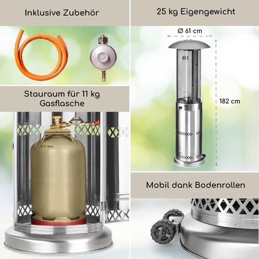 Газовий обігрівач Blumfeldt Gas для тераси, саду та балкону, 360° огляд полум'я, газовий нагрівач для вулиці з електричним запалюванням, обігрівач для тераси з роликами, срібно-золотий, модель Deluxe (Газовий балон не входить у комплект)