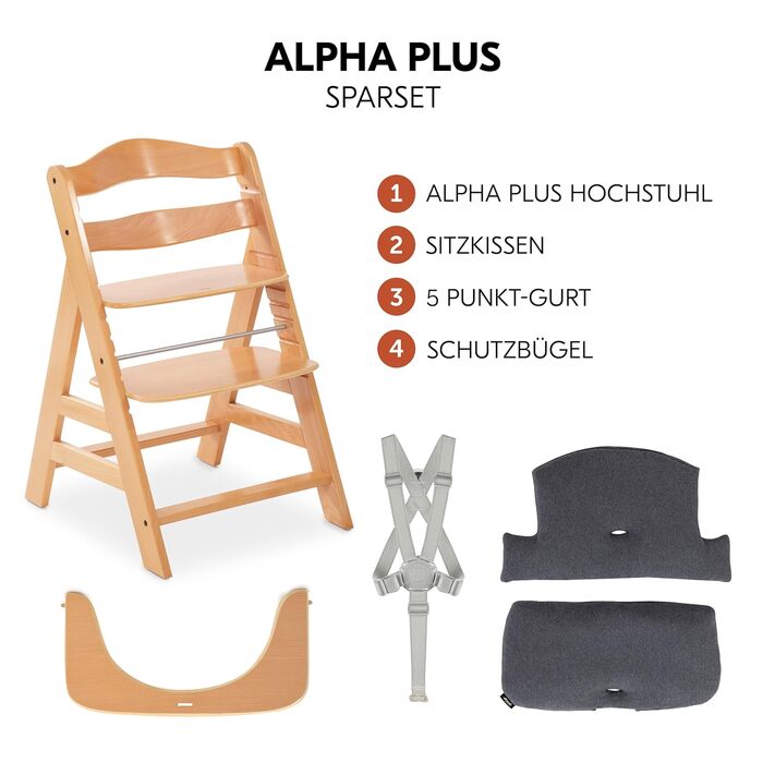 Дитячий високий стільчик Hauck Alpha+ з дерева, регульована висота, з подушкою, захисний бампер та ремінь, від 6 місяців, колір подушки: Jersey Charcoal Natur