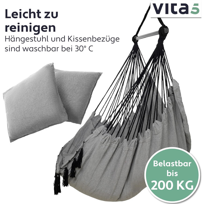 Підвісне крісло на відкритому повітрі - Стійке та безпечне крісло-гамак - Стильне підвісне крісло для приміщень - Гойдалка для дорослих і дітей - Зручне оформлення кімнати в стилі бохо - Вантажопідйомність 200 кг (сірий), 5