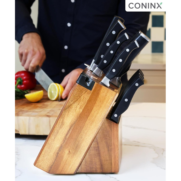 Блок для ножів Coninx Universal з інтегрірувачем – Тримач для ножів з акації на 15 слотів – Стійкий підставка для кухонних ножів, хлібного ножа, ножа для стейка та ножиць, коричневий з інтегрірувачем