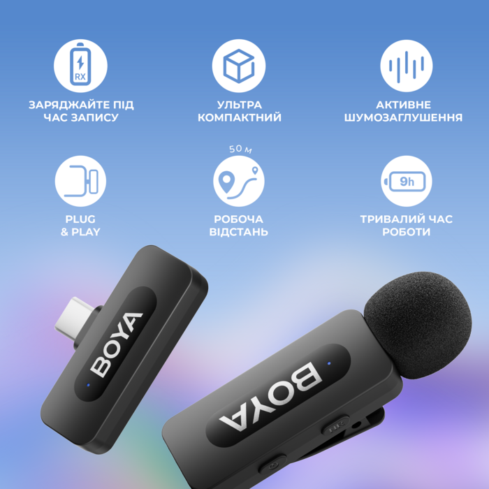 Бездротовий петличний мікрофон BOYA BY-V10 Type-C Black